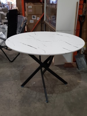1 X BRAND NEW ROUND MARBLE EFFECT / WOODEN TABLE WITH METAL CRISS CROSS SHAPED LEGS - DIAMETER 100CM - HEIGHT 75CM