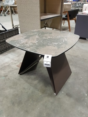 1 X BRAND NEW GLASS TOP METAL BASE STONE EFFECT COFFEE TABLE IN BROWN - 60CM X 60CM X 48CM HEIGHT