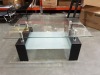 1 X BRAND NEW GLASS COFFEE TABLE WITH ONE STORAGE SHELF - 100CM X 60CM X 44CM HEIGHT