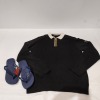 9 PIECE BRAND NEW MIXED CLOTHING/SHOE LOT CONTAINING 5 X HAVAIANAS MENS FLIP FLOPS IN NAVY BLUE UK 6-7, 7.5-8 RRP £29.99 AND 4 X FILA POLO SWEATSHIRT IN BLACK UK M, L, XL, 2XL