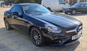 BLACK MERCEDES-BENZ SLC 300 AMG LINE AUTO, REG NO: FX66 RUH, CONVERTIBLE, PETROL, FIRST REGISTERED 02/09/2016, 2 X KEYS, WITH V5, MOTED UNTIL 11 AUGUST 2024, 53766 MILES, CLIMATE CONTROL, CRUISE CONTROL, HEATED LEATHER SEATS, SAT NAV, AUTOMATIC