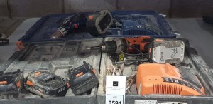 2 PIECE COMBI DRILL SET CONTAINING 1 X AEG COMBI DRILL WITH 4 X BATTERYS AND 1 CHARGER 1 X AEG COMBI DRILL WITH 1 X BATTERY AND 1 CHERGER