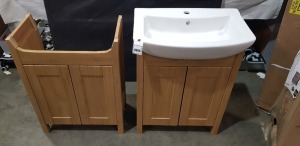 3 X BRAND NEW MIXED LOT CONTAINING 2 X 2 DRAWER OAK UNITS DIMENSIONS - 83CM X 60CM X 31CM - 1 X WHITE BASIN DIMENSIONS 65CM X 40CM X 20CM