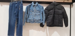 21 X BRAND NEW MIXED CLOTHING LOT CONTAINING 9 NOISEY MAY 32 JEANS - 5 X JACK & JONES PUFFER SIZE M BLACK BLUE - 7 X TOPSHOP DENIM JACKET SIZE 10