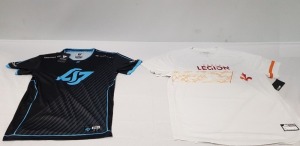 23 X BRAND NEW MIXED CLOTHING LOT CONTAINING 16 X CLG - PRO JERSEY 2021 IN BLACK/ BLUE ALL IN SIZE SMALL - 7 X CDL SS HOME JERSEY IN WHITE/ MULTICOLOURED ALL IN SIZE XL - IN ONE TRAY - TRAY NOT INCLUDED