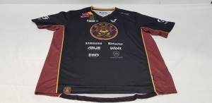 21 X BRAND NEW ENCE JERSEY IN BLACK / MULTICOLOURED WITH MIXED SPONSORS ALL IN SIZE XL - IN ONE TRAY - TRAY NOT INCLUDED