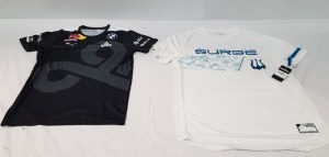 25 X BRAND NEW MIXED CLOTHING LOT CONTAINING 21 CLOUD 9 PRO JERSEYS IN BLACK/ WHITE WITH MIXED SPONSORS IN SIZE SMALL - 4 CDL SS HOME JERSEYS - CALL OF DUTY IN WHITE/ BLACK/RED IN SIZE XL - IN ONE TRAY - TRAY NOT INCLUDED