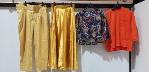 50 X BRAND NEW MIXED CLOTHING LOT CONTAINING ZANZEA LONG SKIRT IN GOLD SIZE XXXXL - ZANZEA TOP WITH CHEST POCKET IN ORANGE SIZE MEDIUM - INCERUN PANTS IN YELLOW SIZE XXXXL - ZANZEA TOP IN BLUE/FLORAL DESIGN IN SIZE MEDIUM ETC IN ONE LARGE TRAY - TRAY NOT