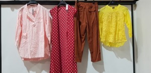 50 X BRAND NEW MIXED CLOTHING LOT CONTAINING CELMIA POKADOT DRESS IN RED/ WHITE SIZE MEDIUM - ZANZEA T-SHIRT IN PINK SIZE XXXXL - ZANZEA YELLOW FLORAL TOP SIZE SMALL - ZANZEA BROWN PANTS XXXL - ETC IN ONE LARGE TRAY - TRAY NOT INCLUDED