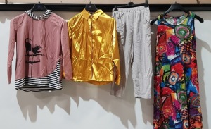 50 X BRAND NEW MIXED CLOTHING LOT CONTAINING CELMIA TOP IN GOLD SIZE XXXL - ZANZEA LONG MULTICOLOURED DRESS IN SIZE MEDIUM - ZANZEA PANTS IN GREY SIZE MEDIUM - ZANZEA LIGHTWEIGHT HOODIE IN PINK/ BLACK AND WHITE STRIPES SIZE LARGE ETC IN ONE LARGE TRAY - 