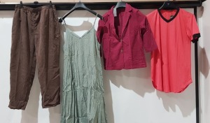 50 X BRAND NEW MIXED CLOTHING LOT CONTAINING ZANZEA TROUSERS IN LIGHT BROWN SIZE MEDIUM - ZANZEA DRESS IN LIGHT GREEN SIZE 3XL - ZANZEA TOP IN RED SIZE SMALL - INCERUN LONG TOP IN PINK/BLACK IN SIZE SMALL ETC IN ONE LARGE TRAY - TRAY NOT INCLUDED