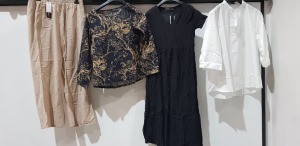 50 X BRAND NEW MIXED CLOTHING LOT CONTAINING ZANZEA FLORAL TOP IN NAVY BLUE/ GOLD IN SIZE MEDIUM - INCERUN LONG TOP IN WHITE SIZE 3XL - ZANZEA LONG DRESS IN BLACK SIZE MEDIUM - CELMIA PANTS IN CREAM SIZE MEDIUM ETC IN ONE LARGE TRAY - TRAY NOT INCLUDED