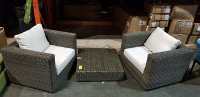 3 PIECE ETHIMO HIGH END ITALIAN OUTDOOR FURNITURE LOT TO INC - 2 X CUBE LOUNGE CHAIRS & CUBE SQUARE COFFEE TABLE DIM-87X87 WITH GLASS RRP £2,209.90 ( PLEASE NOTE THIS IS EX SHOWROOM DISPLAY )