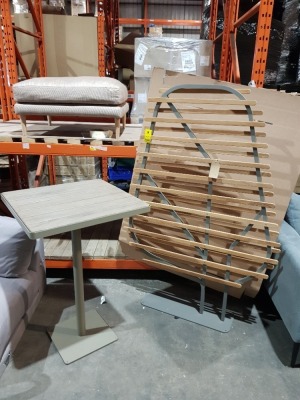 2 PIECE ETHIMO HIGH END ITALIAN OUTDOOR FURNITURE LOT TO INC - LAREN HIGH SQUARE DINING TABLE IN PICKLED TEAK DIM-70 X 70 & A CLOSTRA SHIELD DIM -123 X 175 RRP £1,545.00 ( PLEASE NOTE THIS IS EX SHOWROOM DISPLAY )