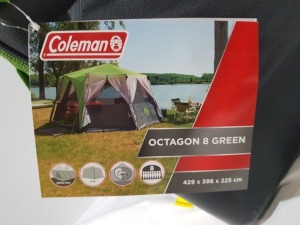 1 X BRAND NEW COLEMAN CORTES 8 PERSON OCTAGON TENT - 360 DEGREE VIEWS DIM - 4.3 X 4.0 X 2.3 M HEADROOM - 215 CM CAPACITY - 8 P PERSON - 1 ROOM ( PLEASE NOTE THIS IS EX SHOWROOM DISPLAY )