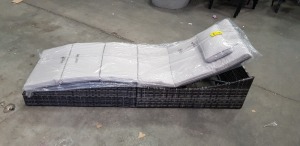 1 X BRAND NEW STUDIO FOLDING RATTAN LOUNGER - WITH FULL LENGTH CUSHION AND HEADREST CUSHION - IN GREY COLOUR - IN 1 BOX