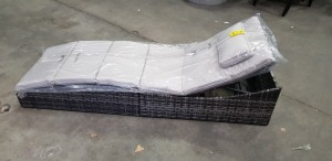 1 X BRAND NEW ( PRE BUILT) FOLDING RATTAN LOUNGER - WITH FULL LENGTH CUSHION AND HEADREST CUSHION - IN GREY COLOUR - NO BOX