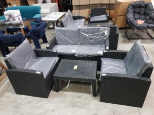 1 X BRAND NEW STUDIO ALLIBERT 4 PIECE GARDEN SET TO INCLUDE 1 X TWO SEATER SOFA / 2 X SINGLE SEAT CHAIRS AND 1 X COFFEE TABLE - ALL IN BLACK WITH GREY CUSHIONS ( PRE- BUILT - NO BOX )