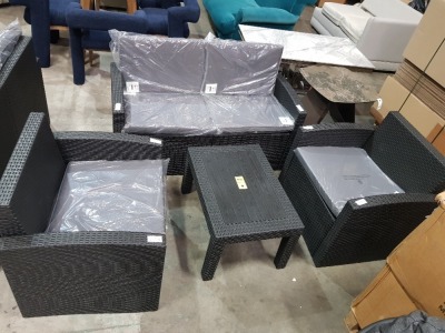 1 X BRAND NEW STUDIO ALLIBERT 4 PIECE GARDEN SET TO INCLUDE 1 X TWO SEATER SOFA / 2 X SINGLE SEAT CHAIRS AND 1 X COFFEE TABLE - ALL IN BLACK WITH GREY CUSHIONS ( PRE- BUILT - NO BOX )