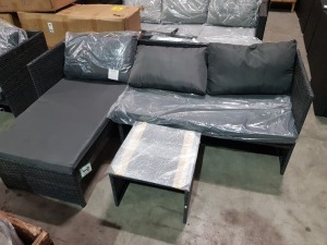 1 X STUDIO KAUAI CORNER RATTAN CHAISE SOFA SET - IN BLACK AND GREY 2 SEATER SIZE : W123 X D 64 X H 67 CM CHAISE SIZE : W 64 X D 123 X H 67 CM TABLE SIZE : W45 X D 45 X H 33 CM - (NOTE: BOX SLIGHTLY DAMAGED - UNKNOWN CONDITION - 1ST IMAGE IS FROM STOCK