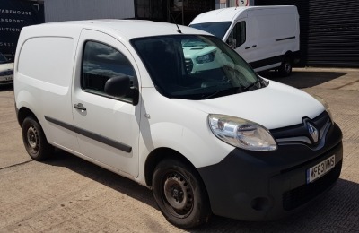 WHITE RENAULT KANGOO ML19 DCI DIESEL CAR DERIVED VAN 1461CC FIRST REGISTERED 12/12/2013 REG : MF63 VNS MILEAGE : 144,178 V5 & MOT UNTIL 11/12/2024, 1 KEY RADIO, ELECTRIC WINDOWS, SPARE TYRE & JACK