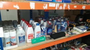 APPROX 100 ITEMS OF AUTOMOTIVE / CAR SPARES TRADE LOT ON 1 FULL SHELF IE. ANTI FREEZE, DE-ICER, STEERING RACK BOOT KIT, FIRST AID KIT, GREASE NIPPLES ETC