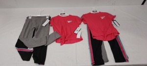 42 X BRAND NEW REEBOK GIRLS 3 PIECE ACTIVEWEAR SET INCLUDING 1 PINK T-SHIRT - 2 PAIRS OF PANTS 1 GREY 1 BLACK WITH BLUE AND PINK TRIMMINGS SIZES INCLUDE 13-14 YEARS , 11-12 YEARS , 9-10 YEARS , 14-15 YEARS ETC ON HALF A RACK