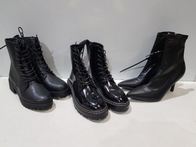 40 X BRAND NEW MIXED WOMENS SHOES/ BOOTS LOT CONTAINING HIGH HEEL BOOTS IN BLACK SIZE 8 - SIDE ZIP BOOTS IN BLACK SIZE 6 - KNEE- LENGTH LONG BOOTS IN BLACK SIZE UK 6 - ANKLE BOOTS WITH SIDE ZIP IN BLACK SIZE UK 6 ETC IN TWO LARGE TRAYS - TRAYS NOT INCLUDE