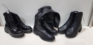 40 X BRAND NEW MIXED WOMENS SHOES/ BOOTS LOT CONTAINING STUDDED ANKLE BOOTS SIZE UK 5 - SIDE ZIP BOOTS IN BLACK SIZE 6 - KNEE- LENGTH LONG BOOTS IN BLACK SIZE UK 6 - ANKLE BOOTS WITH SIDE ZIP IN BLACK SIZE UK 6 ETC IN TWO LARGE TRAYS - TRAYS NOT INCLUDED