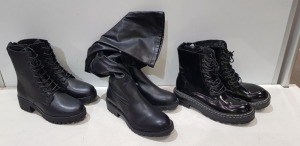 40 X BRAND NEW MIXED WOMENS SHOES/ BOOTS LOT CONTAINING SIDE ZIPPED BOOTS IN BLACK SIZE 8 - KNEE-LENGTH LONG BOOTS IN BLACK SIZE 6 - SIDE ZIPPED BOOTS IN VARIOUS STYLES AND SIZES ETC IN TWO LARGE TRAYS - TRAYS NOT INCLUDED