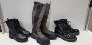 40 X BRAND NEW MIXED WOMENS SHOES/ BOOTS LOT CONTAINING KNEE HIGH CHUNKY SOLE BOOTS IN DARK GREY AND BLACK SIZE UK 6 - HIGH HEELS IN BLACK SIZE UK 8 - ANKLE HIGH CHUNKY SOLE BOOTS IN BROWN SIZE UK 5 - VARIOUS STYLES AND SIZES OF SIDE ZIP BLACK BOOTS ETC 