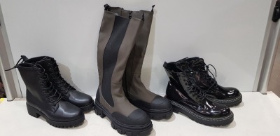 40 X BRAND NEW MIXED WOMENS SHOES/ BOOTS LOT CONTAINING KNEE HIGH CHUNKY SOLE BOOTS IN DARK GREY AND BLACK SIZE UK 6 - HIGH HEELS IN BLACK SIZE UK 8 - ANKLE HIGH CHUNKY SOLE BOOTS IN BROWN SIZE UK 5 - VARIOUS STYLES AND SIZES OF SIDE ZIP BLACK BOOTS ETC