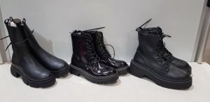 40 X BRAND NEW MIXED WOMENS SHOES/ BOOTS LOT CONTAINING CHUNKY SOLE BOOTS IN BLACK SIZE UK 8 - KNEE HIGH LONG BOOTS IN UK SIZE 6 - VARIOUS STYLES AND SIZES SIDE ZIP UP BOOTS ETC IN TWO LARGE TRAYS - TRAYS NOT INCLUDED