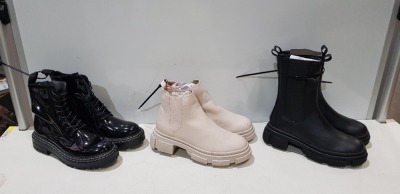 40 X BRAND NEW MIXED WOMENS SHOES/ BOOTS LOT CONTAINING - ANKLE HEEL BOOTS WITH BACK ZIP IN CREAM SIZE UK 7 - CHUNKY SOLE BOOTS WITH FRONT ZIP IN CREAM IN SIZE UK 5 - CHUNKY SLIDE ON BOOTS IN CREAM IN UK SIZE 7 - CHUNKY SOLE ANKLE BOOTS IN BLACK SIZE UK 6