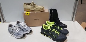 4 X MIXED SHOES/ TRAINER LOT CONTAINING NIKE REAX TRAINERS IN BLACK AND GREEN SIZE UK 11 - NEW BALANCE 990 TRAINERS IN GREY AND WHITE SIZE UK 5.5 - ALLSAINTS HIGH HEELED SIDE ZIP WOMENS BOOTS IN BLACK SIZE UK 5 - CLARM=KS ORIGINALS SHOE IN SANDY GREEN COL