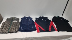 15 X BRAND NEW MIXED CLOTHING LOT CONTAINING LAUNDRY MARKET DROP CROTCH SHORTS IN GREY SIZE MEDIUM - PING SOLHEIM CUP GILET IN BLUE SIZE UK 10 - PELMARK ASTON MARTIN GILET IN GREY SIZE MEDIUM - LAUNDRY MARKET UNISEX JUMPER SIZE SMALL MAN - MEDIUM WOMEN IN