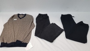 15 X BRAND NEW MIXED CLOTHING LOT CONTAINNG LIV GOLF JUMPER IN BLACK IN MEDIUM - CUBE FASHIONS JUMPER IN WHITE SIZE MEDIUM - CUBE FASHION TRACKSUIT BOTTOMS IN WASHED BLACK SIZE XS - YOUNG HOLLY JUMPER IN ZIGZAG STYLE IN BLUE/ GOLD SIZE MEDIUM ETC IN ONE T