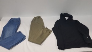 14 X BRAND NEW MIXED CLOTHING LOT CONTAINING LAUNDRY MARKET PANTS IN GREEN SIZE SMALL - CUBE FASHION HOODIE IN BLACK SIZE MEDIUM - CUBE FASHION JUMPER IN WHITE SIZE SMALL - LAUNDRY MARKET JEANS IN NAVY BLUE SIZE SMALL - ETC IN ONE TRAY - TRAY NOT INCLUDED