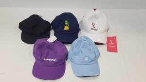 40 + MIXED HAT LOT CONTAINING RICHARDSON FEEL THE GLORY 0R-22 CAP IN ORANGE/ GREEN - ATLANTIS DAD HAT SUNDAYS IN BLACK - BIRMINGHAM 2022 COMMONWEALTH GAME CAPS IN VARIOUS COLOURS - FIFA WORLD CUP QATAR 2022 CAP IN WHITE - CORONA HAT IN BLUE ETC IN ONE BOX