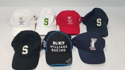 40 + MIXED HAT LOT CONTAINING TEAM ENGLAND BIRMINGHAM 2022 BUCKET HAT IN RED - ROKIT WILLIAMS RACING CAP IN BLACK - BIRMINGHAM 2022 BASEBALL CAP IN BLACK - LIV GOLF BASEBALL CAP IN PURPLE - COMMONWEALTH GAMES JERSEY BIRMINGHAM 2022 IN WHITE ETC IN ONE BOX