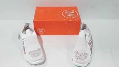 12 X BRAND NEW URBAN JACKS SLIP ON TRAINERS IN WHITE / MULTI-COLOURED IN SIZES : 5 IN SIZE 4 , 3 IN SIZE 5 , 1 IN SIZE 6 , AND 3 IN SIZE 8 IN ONE BOX.