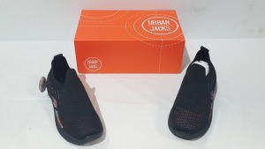 14 X BRAND NEW URBAN JACKS SLIP ON TRAINERS IN BLACK / MULTI-COLOURED IN SIZES : 4 IN SIZE 4 , 4 IN SIZE 5 , 4 IN SIZE 6 , AND 2 IN SIZE 8 IN ONE BOX.