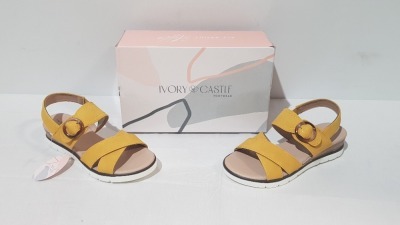 11 X BRAND NEW MIXED IVORY CASTLE WOMENS SUMMER BEACH FASHION SANDALS 8 IN MUSTARD/YELLOW IN SIZE 5 , 3 IN GREY IN SIZE 8 SEPERATELY PACKAGED IN ONE LARGE BOX