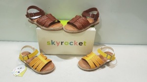 12 X BRAND NEW MIXED SKY ROCKET KIDS SANDALS 3 IN MUSTARD IN SIZE'S 3 IN SIZE 13 , 1 IN SIZE 10 , 8 IN BROWN IN SIZES 6 IN SIZE 10 , 1 IN SIZE 13 , 1 IN SIZE UK1 / EURO 33 IN ONE LARGE BOX