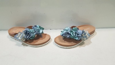 14 X BRAND NEW BLUE FLORAL WOMEN'S SANDALS IN SIZE 3/36 IN ONE BOX