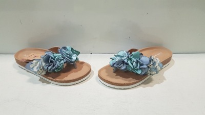 14 X BRAND NEW BLUE FLORAL WOMEN'S SANDALS IN SIZE 4/37 IN ONE BOX