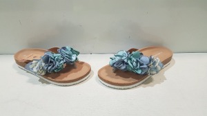 14 X BRAND NEW BLUE FLORAL WOMEN'S SANDALS IN MIXED SIZE'S 9 IN 6/39 AND 3 IN SIZE 4/37 AND 2 IN SIZE 3/36 IN ONE BOX