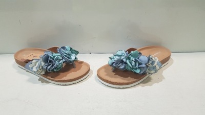 14 X BRAND NEW BLUE FLORAL WOMEN'S SANDALS IN MIXED SIZE'S 9 IN 6/39 AND 3 IN SIZE 4/37 AND 2 IN SIZE 3/36 IN ONE BOX