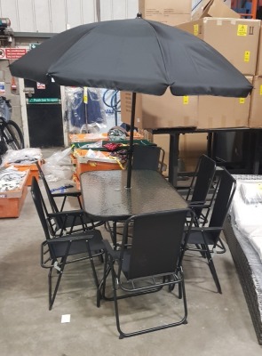 1 X STUDIO OXFORD 8 PIECE PATIO SET CONTAINING 1 X GLASS TOP RECTANGLE TABLE / 1 X CENTRE UMBRELLA / 6 X FOLDING CHAIRS ( CHAIRS : 53 X 55 X 85 CM ) ( TABLE : 120 X 75 X 70 CM ) ( UMBRELLA - 200 CM DIAM - UMBRELLA BASE NOT INCLUDED )