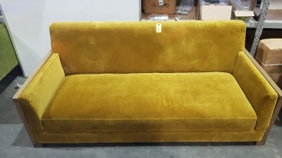 1 X 3 SEATER VELVET STYLE SOFA IN MUSTARD - 200X96X82 MINOR SCUFFS (SOFA.COM RETURNS)